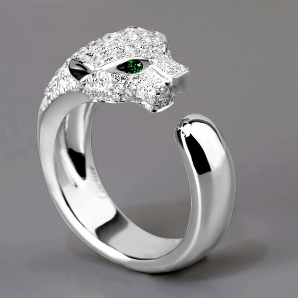 Fashion Jewelry Jewelry - Beautiful Homage Green Eyed Diamond Panther Head Ring .925 Sterling Silver